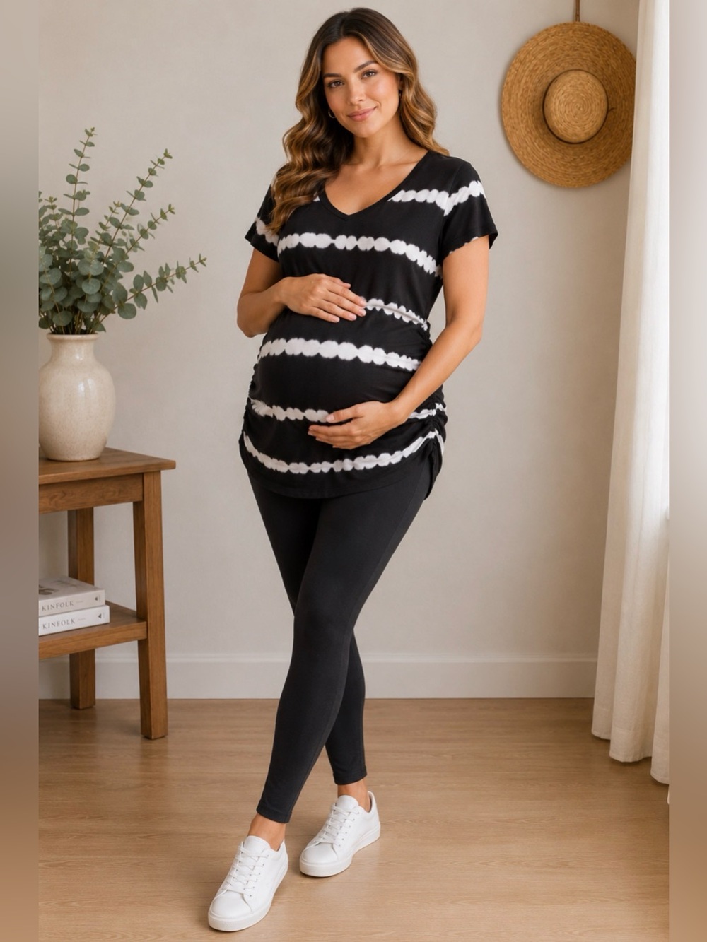 Time & Tru Maternity Black White Tie Dye Ruched Tee Size M 8-10